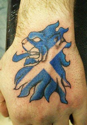 Blue lion head on hand