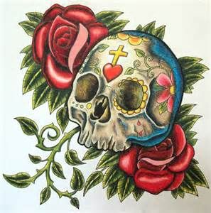 Skull among roses tattoo design