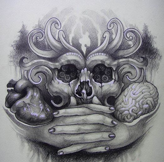 Skull face and hands tattoo design