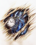 Clock in heart biomech tattoo