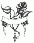 Black rose with rosary and white ribbon