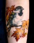 Sparrow and autumn leafs tattoo