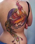 Colourful peacock as back tattoo